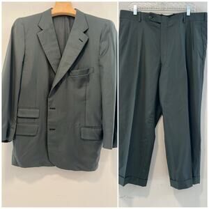 Holland & Sherry 2 Piece 3 Button Suit Dark Sage Green Pleated Pants 44 / 37 JL